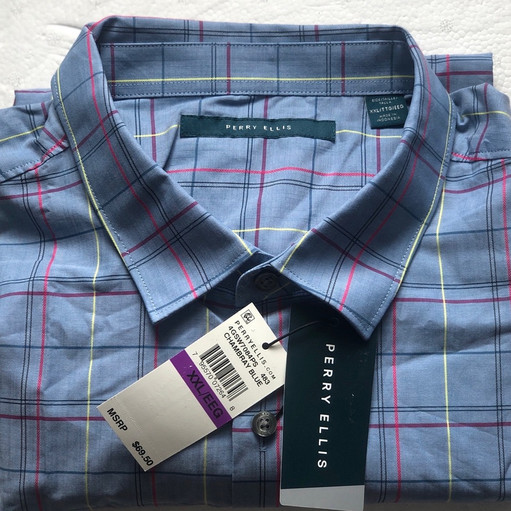 Perry Ellis Blue Striped Short Sleeve Button-Down Shirt | Men’s 2XL